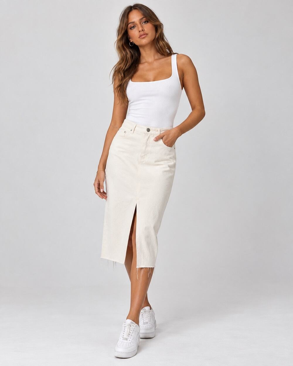 Bella Fiori x Princess Polly Women’s US 4 Ivory Denim Midi Skirt Front Slit EUC